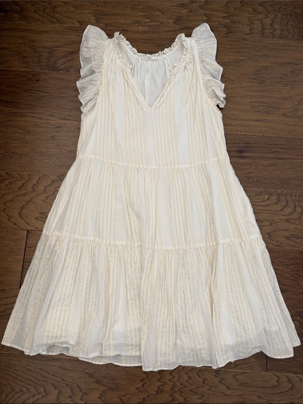 a loves a RomanticGauzy Boho L Metallic Gold Striped Tiered Mini Dress - Picture 2 of 10